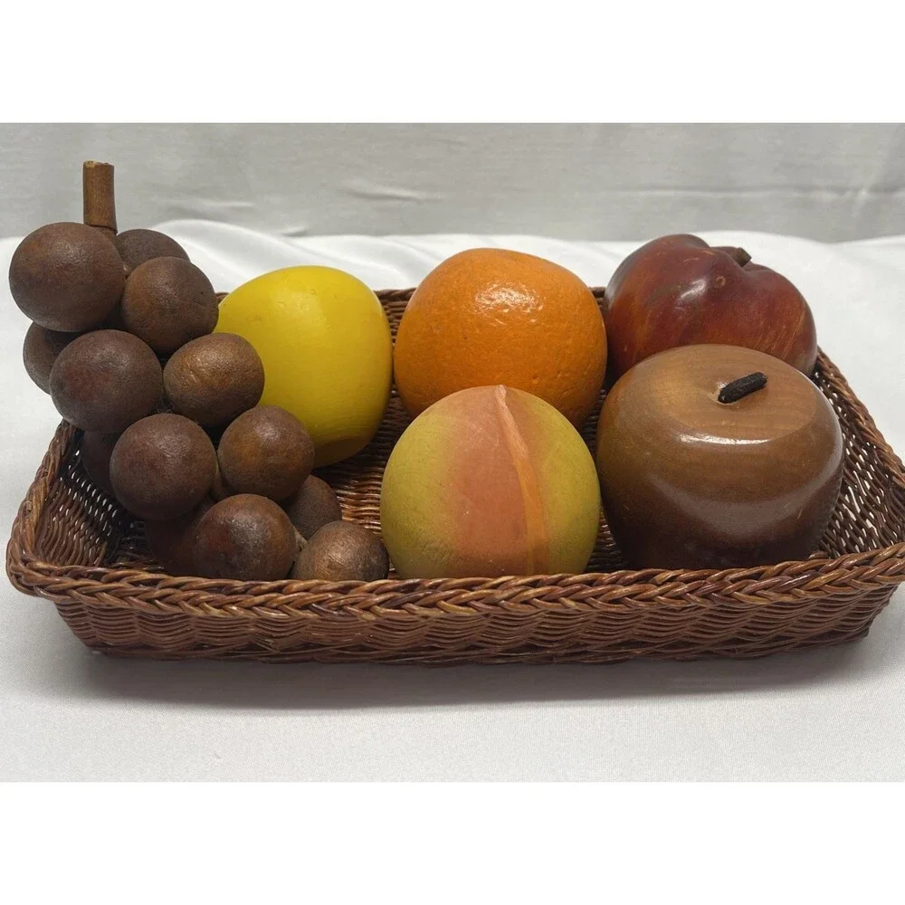 Vintage Retro MCM Solid Wood Lot Colored Fruit Hand Carved 6 Pieces + Basket